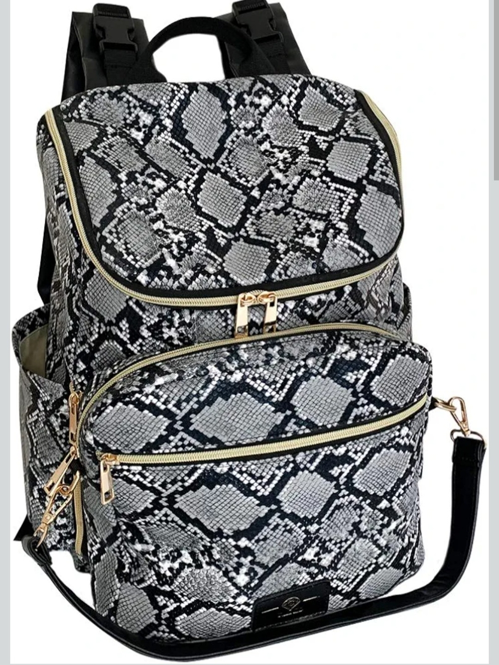 Snake-Print Women's Backpack with Gold Hardware - Black & Gray